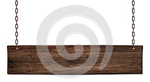 Oblong wooden board made of dark wood hanging on chains photo