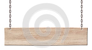 Oblong wooden board made of light wood hanging on chains