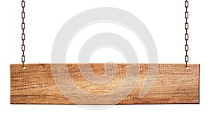 Oblong wooden board made of natural wood hanging on chains