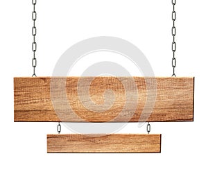 Oblong wooden double sign made of natural wood hanging on chains