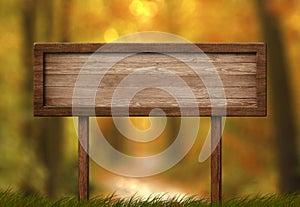 Oblong wooden signboard autumn forest background