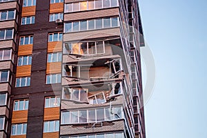 Obninsk, Russia - April 21, 2018: Damage to loggias on a 20-storey house photo