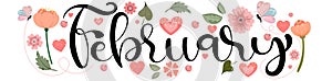 FEBRUARY vector. Hello february text hand lettering with hearts of love and flowers photo