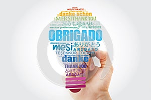Obrigado Thank You in Portuguese light bulb Word Cloud in different languages