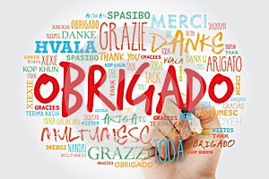 Obrigado Thank You in Portuguese Word Cloud with marker in many languages of the world