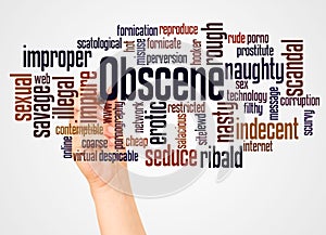 Obscene word cloud and hand with marker concept photo
