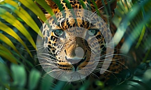 Observant jungle leopard predator lurking amidst lush foliage. Intense gaze piercing through vibrant greenery. Majestic big cat