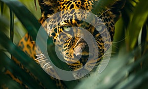 Observant jungle leopard predator lurking amidst lush foliage. Intense gaze piercing through vibrant greenery. Majestic big cat photo