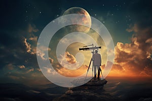 Observant Man telescope sky. Generate Ai