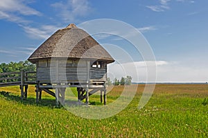 Observation cabin at lagoon landscape near Peninsula Zingst Fischland Darss, Germany