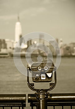 Observation deck with binoculars, view of New York city