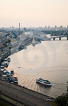 An observation deck in Kiev with a view on the Dnipro, River Port, Podil, and the Postal square