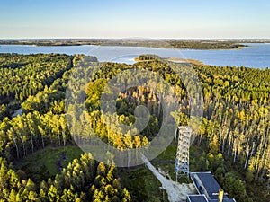 Observation deck and nature in Mamerki, Mazury district lake, Po