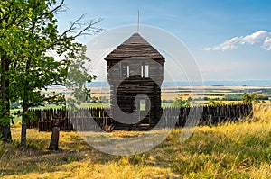 Observation deck at prehistoric hill fort Rubin, cultural monument located in Podborany district in Czech Republic