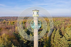 Observation Tower, Fire lookout tower in forest in atumn in Dabrowa Gornicza Silesia Poland aerial drone