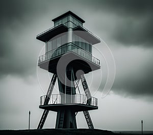 Observation Tower in Gloomy Landscape, Generative AI Illustration