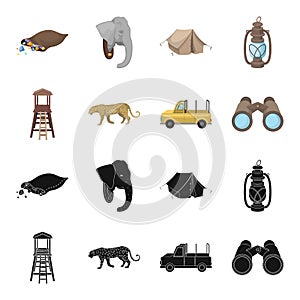 Observation tower for the hunter, leopard, hunting machine, binoculars. African safari set collection icons in black