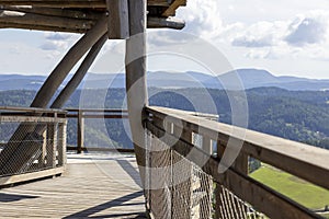 Observation tower located at the top of the SÅ‚otwiny Arena ski station, leading in the treetops, beautiful panorama of the