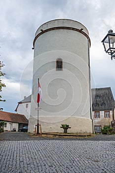 Observation Tower at veste Otzberg, Odenwald, view from low angle with castle courtyard, cloudy day, germany