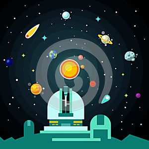 Observatory station, solar system with planets photo