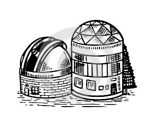 Observatory to observe the stars, planets and space. Astronomy sketch for emblem or logo in vintage style. Hand drawn