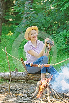 Observing nature concept. Girl ornithology expedition in forest. Girl enjoy hike in forest observing nature. Her hobby