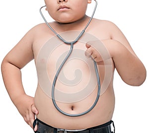 Obsese asian boy check heart by stethoscope