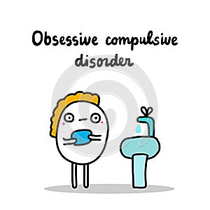 Obsessive compulsive disorder hand drawn vector illustration in cartoon comic style man washing arms fingers too much