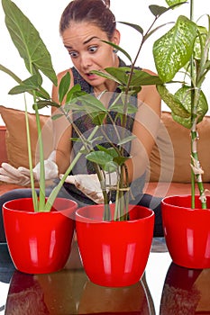 Obsessive woman taking care of plant