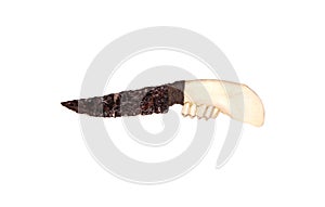 Obsidian knife with bone handle isolate on a white back. Prehistoric weapon made of volcanic glass