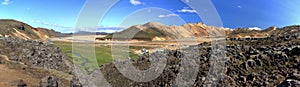 Landscape Panorama of Laugahraun Lavafield, Hot Spring and Rhyolite Mountains, Landmannalaugar, Highlands, Central Iceland