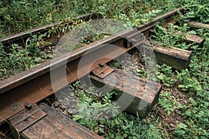 Obsolete abandoned rusty railway, overgrown with wild grass on old railroad tracks