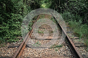 Obsolete abandoned rusty railway, overgrown with wild grass on old railroad tracks