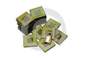 Obsolete cpu computer processor with padlock.