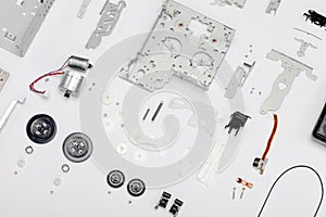 Obsolete electronics parts flat lay