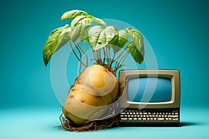 Obsolete PC Desktop so old that potato grew on it. Computer needs an upgrade. Blue background