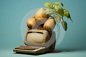 Obsolete PC Desktop so old that potatoes grew on it. Computer needs an upgrade. Blue background