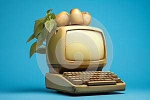 Obsolete PC Desktop so old that potatoes grew on it. Computer needs an upgrade. Blue background