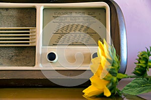 Obsolete radio in wooden case.