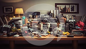 Obsolete tools and antique equipment create chaos in workshop collection generated by AI