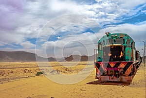 Obsolete train in Wadi Rum, the Jordanian desert.