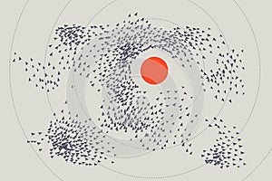 Obstacle avoidance behaviour. Crowd of people behaviour. Flocking boids simulation. Artificial life model. Swarm formation