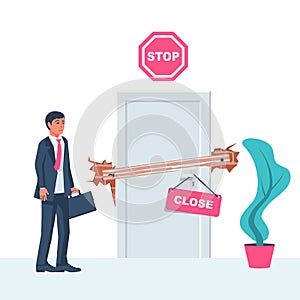 Obstacle concept. Businessman stands in front of closed door with a stop symbol and sign Close