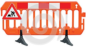 Obstacle detour barrier fence roadworks barricade, orange red and white luminescent stop signal, UK road works sign photo