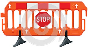 Obstacle detour barrier fence roadworks barricade, orange red and white luminescent works signal, stop road sign seamless isolated photo