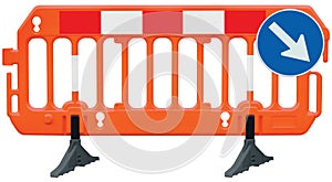 Obstacle detour road barrier fence roadworks barricade orange red and white luminescent stop signal mandatory keep right road sign photo