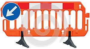 Obstacle detour road barrier fence roadworks barricade, orange red and white stop signal, mandatory keep left UK road sign