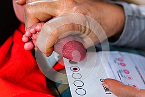 Obstetrician checks newborn infant photo