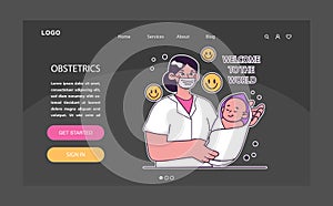 Obstetrician dark or night mode web, landing. Childbirth, obstetrics