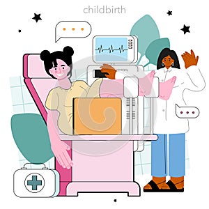 Obstetrics concept. Prenatal clinic service, doctor assisting in childbirth.